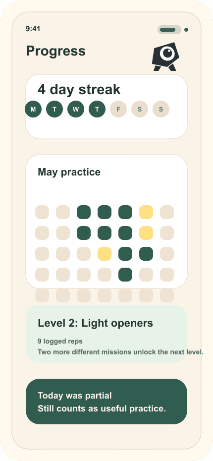 Start Small Progress screen with streak and practice history.