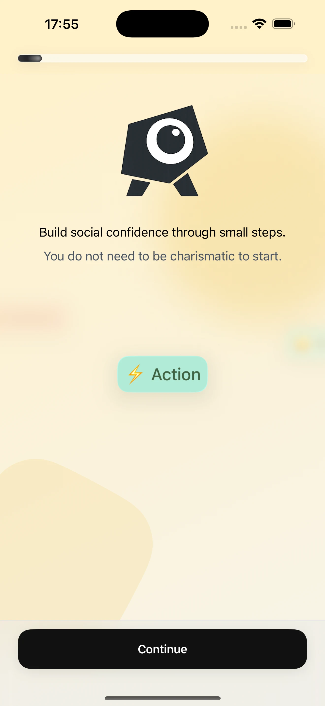 Start Small onboarding screen introducing small social confidence steps.