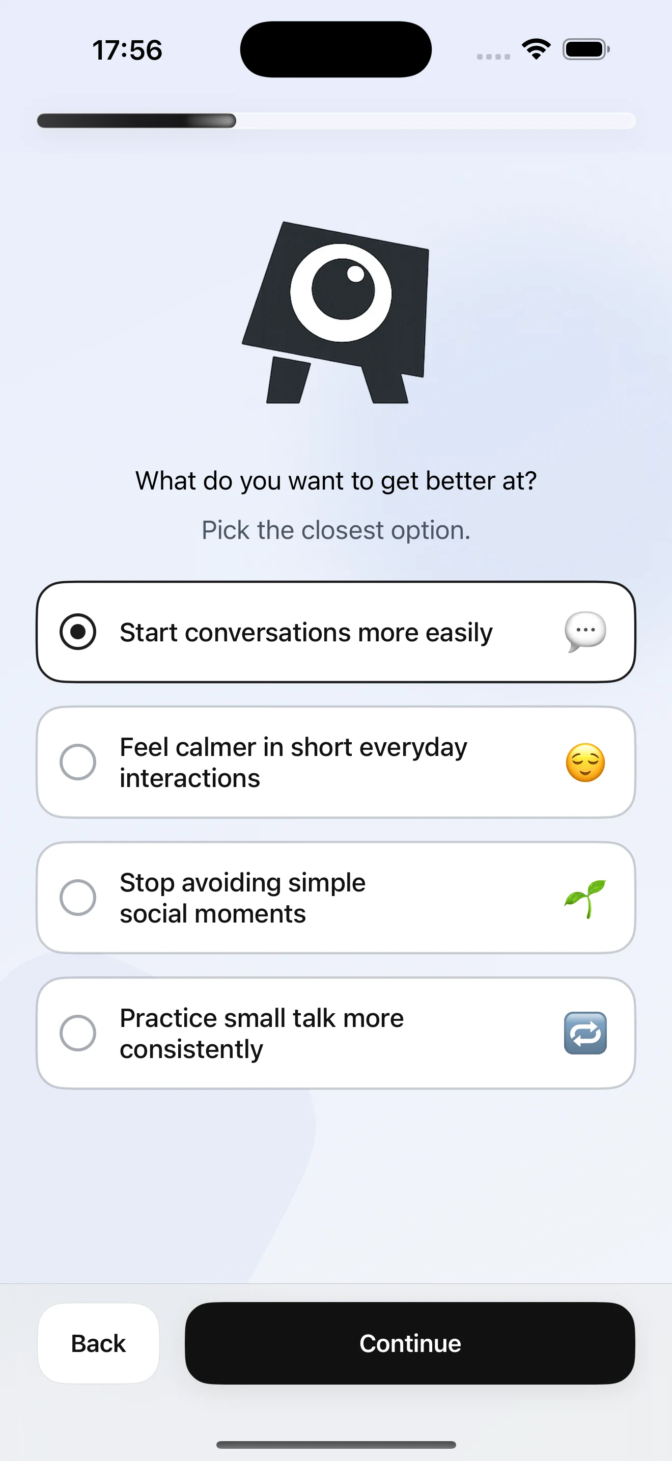 Start Small onboarding screen asking what the user wants to get better at.