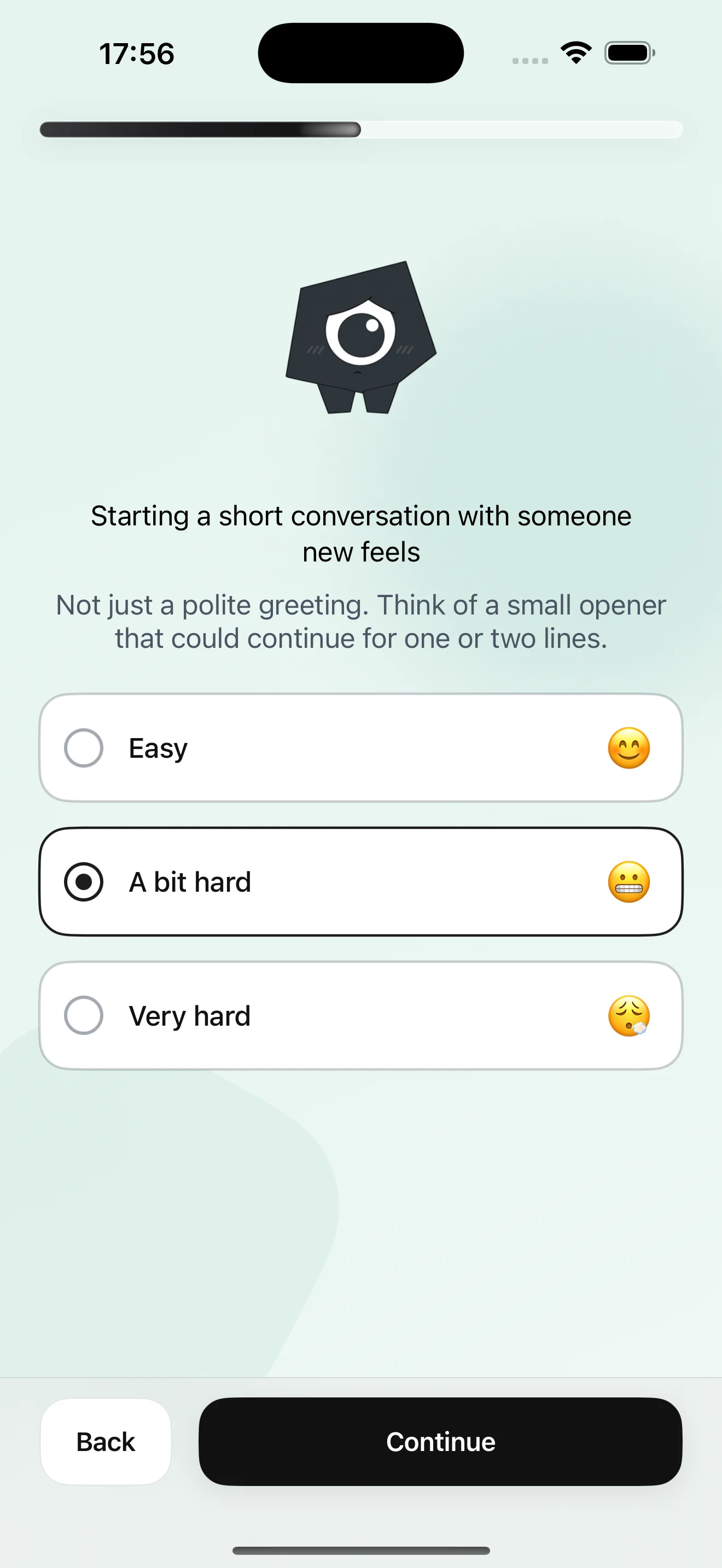 Start Small onboarding screen for choosing how hard a short conversation feels.