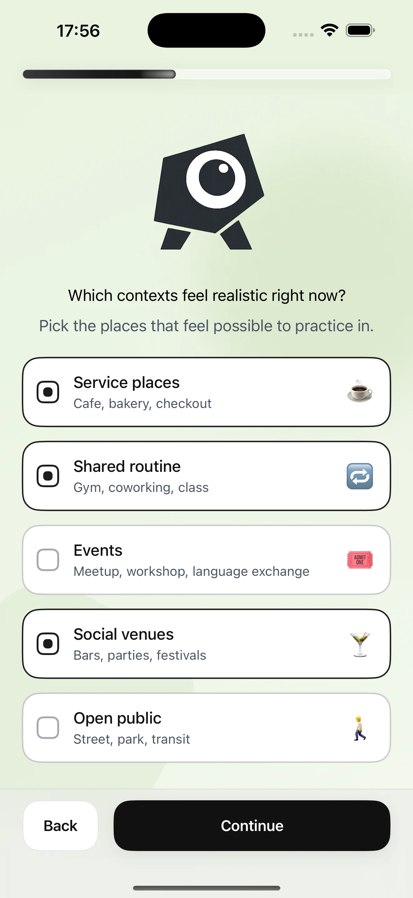 Start Small onboarding screen asking which contexts feel realistic to practice in.