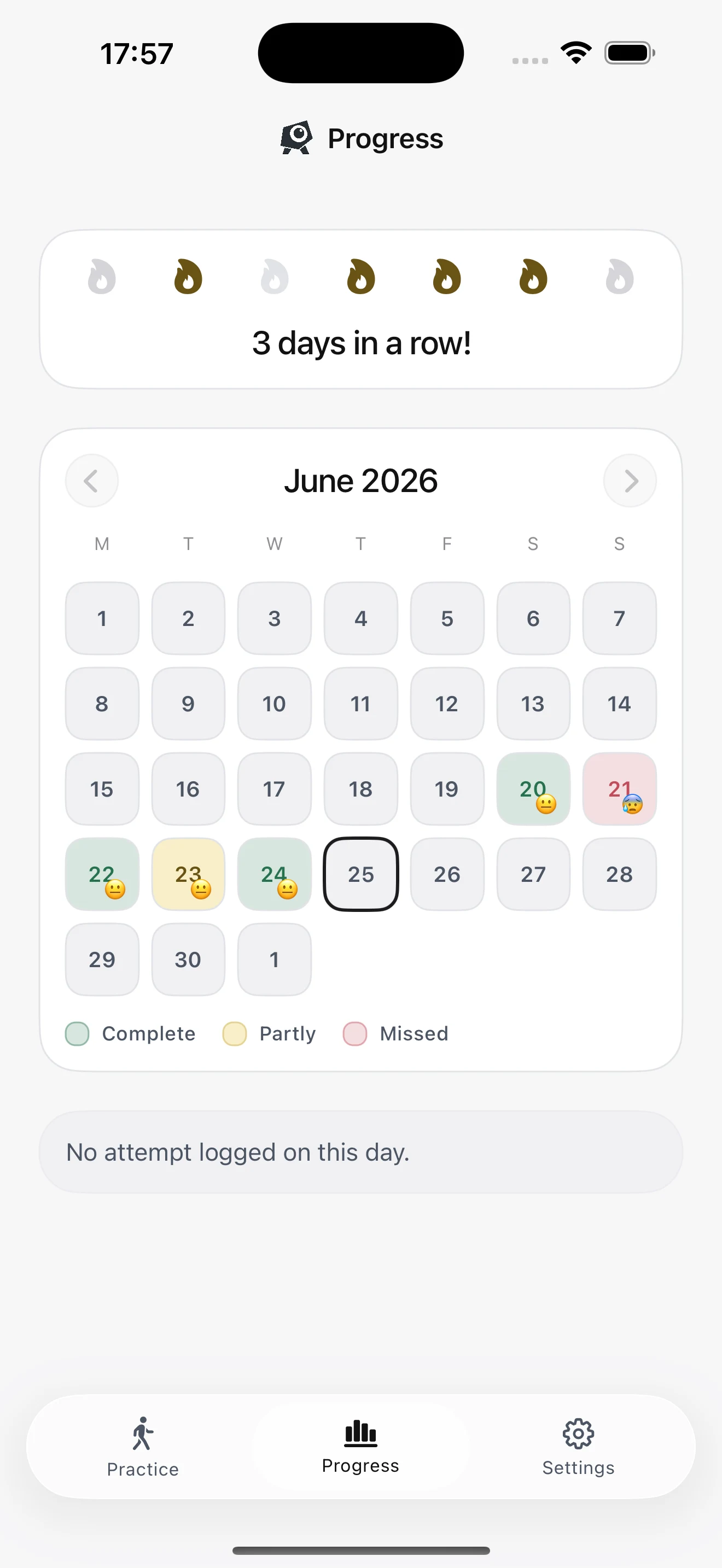 Start Small Progress screen with streak and practice history.