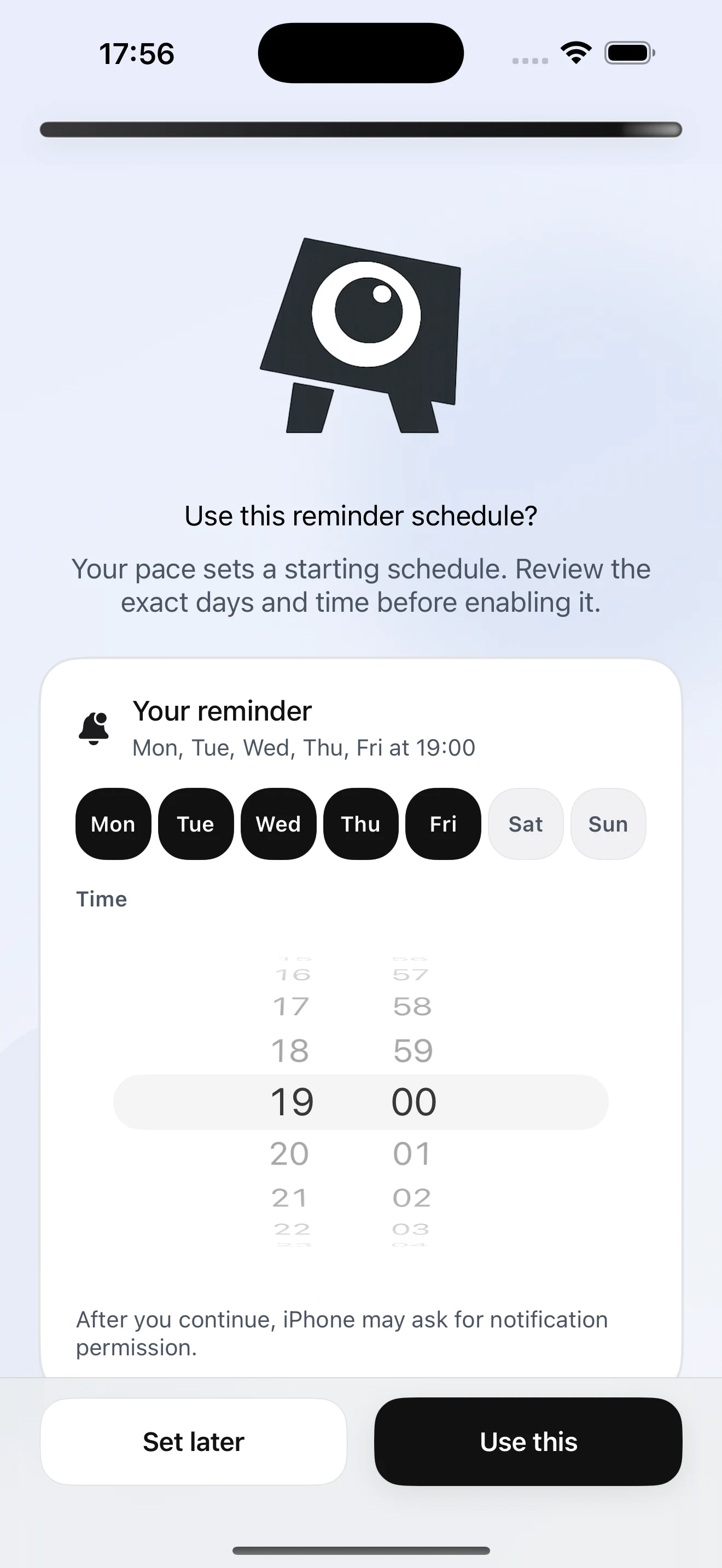 Start Small reminder scheduling screen with selected weekdays and time.