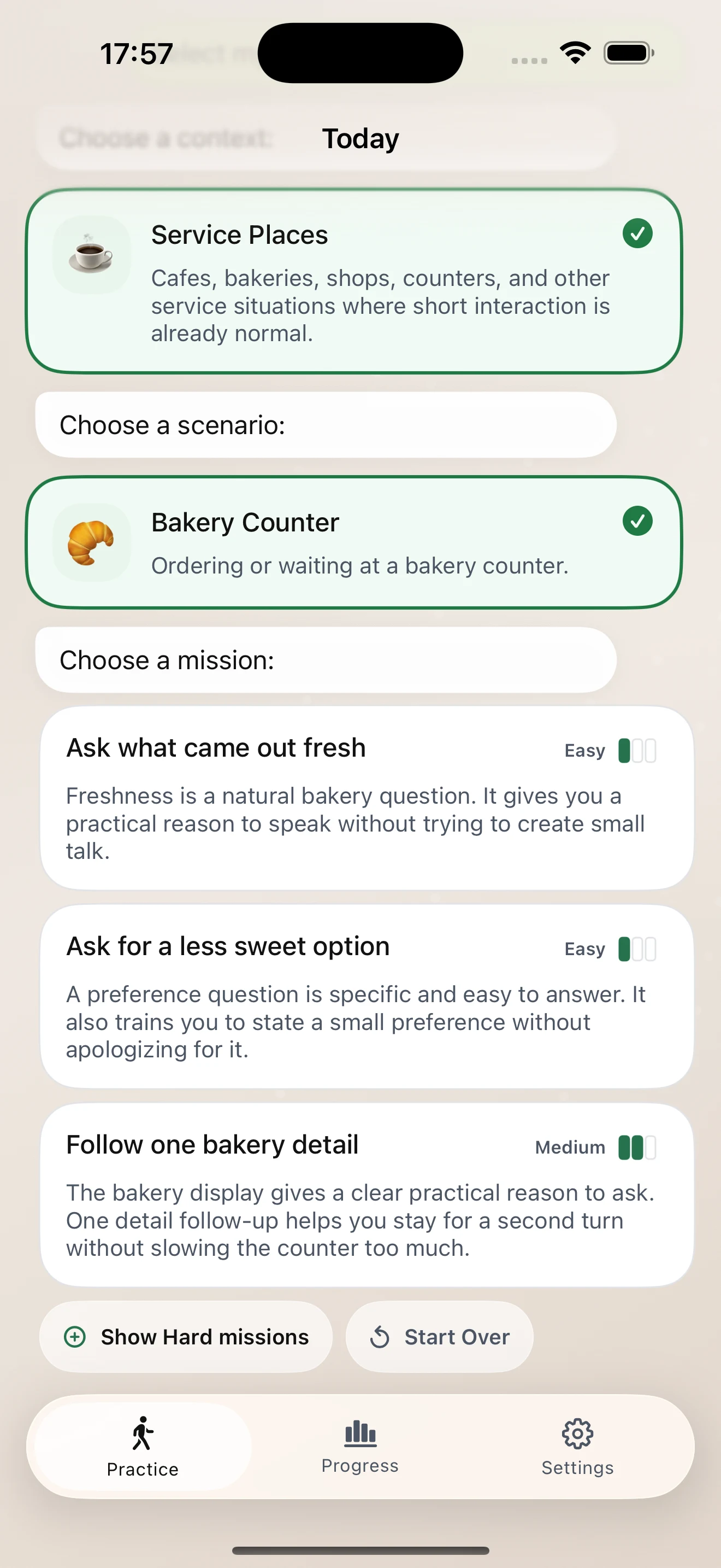 Start Small Today screen showing bakery mission options.