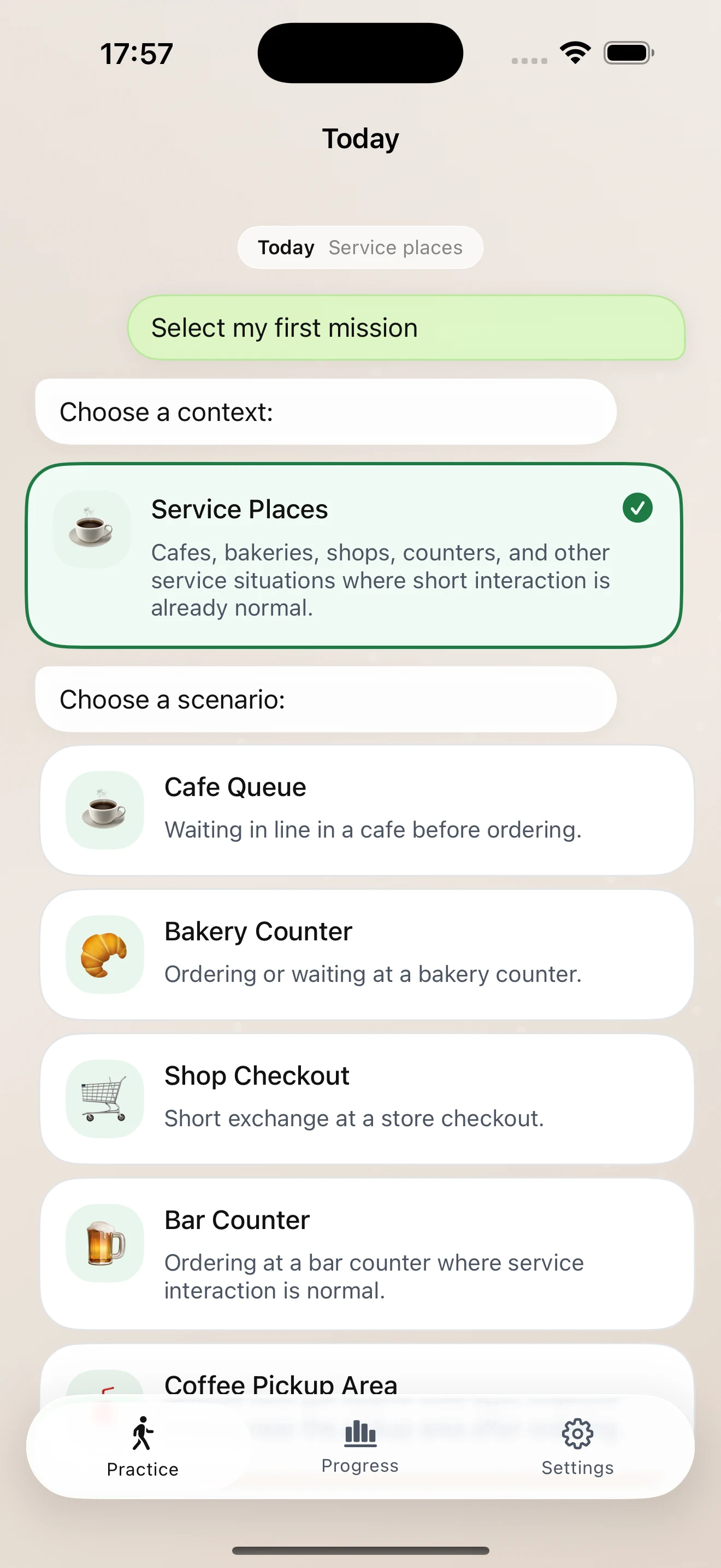 Start Small Today screen showing scenario options for a selected context.