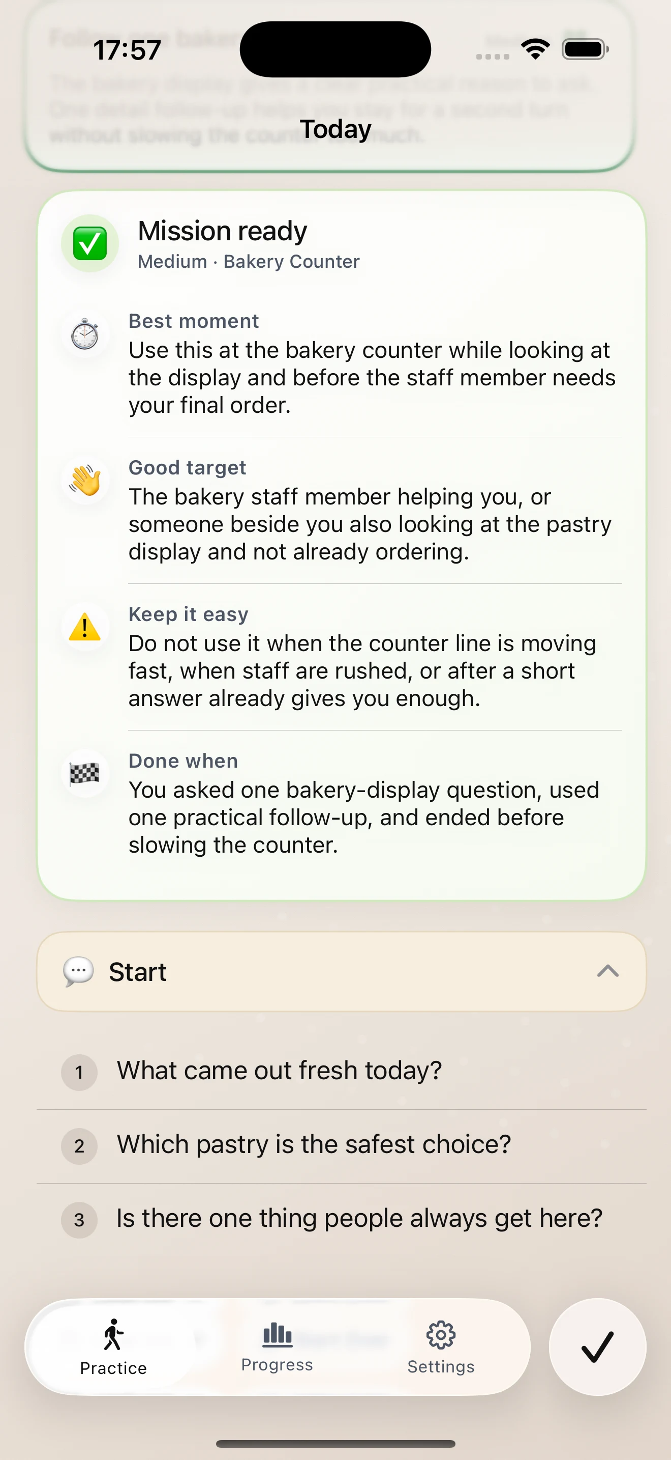 Start Small mission-ready screen with starter lines and completion guidance.